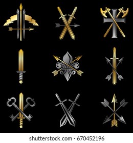 Vintage Weapon Emblems set. Heraldic signs vector vintage elements collection.