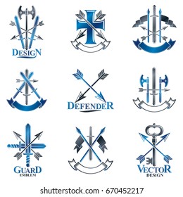Vintage Weapon Emblems set. Heraldic Coat of Arms decorative emblems isolated vector illustrations collection.