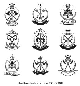 Vintage Weapon Emblems set. Heraldic coat of arms decorative emblems collection.