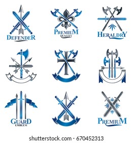 Vintage Weapon Emblems set. Heraldic signs vector vintage elements collection.