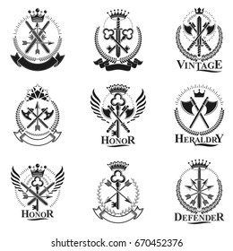 Vintage Weapon Emblems set. Heraldic coat of arms decorative emblems collection.