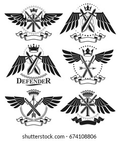 Vintage Weapon Emblems set. Heraldic Coat of Arms, vintage vector emblems collection.