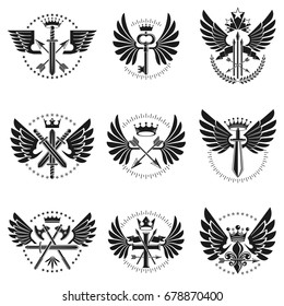 Vintage Weapon Emblems set. Heraldic coat of arms decorative emblems collection.
