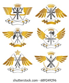 Vintage Weapon Emblems set. Heraldic coat of arms decorative emblems collection.