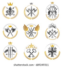 Vintage Weapon Emblems set. Heraldic signs vector vintage elements collection.