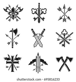 Vintage Weapon Emblems set. Heraldic Coat of Arms, vintage vector emblems collection.