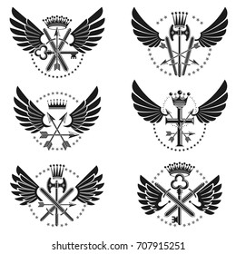 Vintage Weapon Emblems set. Heraldic coat of arms decorative emblems collection.