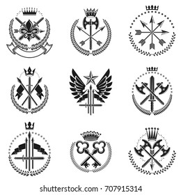 Vintage Weapon Emblems set. Heraldic signs vector vintage elements collection.