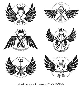 Vintage Weapon Emblems set. Heraldic Coat of Arms decorative emblems isolated vector illustrations collection.