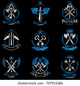 Vintage Weapon Emblems set. Heraldic coat of arms decorative emblems collection.