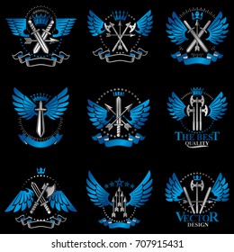 Vintage Weapon Emblems set. Heraldic Coat of Arms decorative emblems isolated vector illustrations collection.
