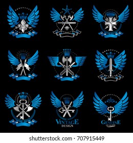 Vintage Weapon Emblems set. Heraldic Coat of Arms decorative emblems isolated vector illustrations collection.