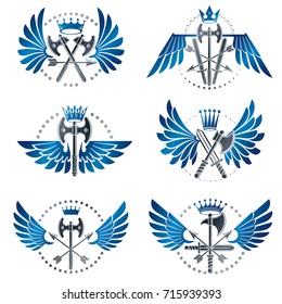 Vintage Weapon Emblems set. Heraldic Coat of Arms decorative emblems isolated vector illustrations collection.