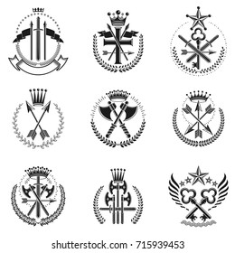 Vintage Weapon Emblems set. Heraldic Coat of Arms decorative emblems isolated vector illustrations collection.