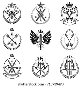 Vintage Weapon Emblems set. Heraldic Coat of Arms decorative emblems isolated vector illustrations collection.
