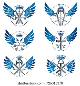 Vintage Weapon Emblems set. Heraldic coat of arms decorative emblems collection.