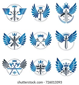 Vintage Weapon Emblems set. Heraldic coat of arms decorative emblems collection.