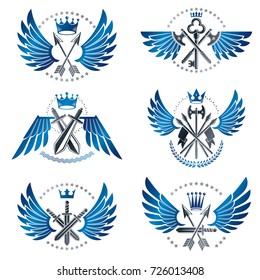 Vintage Weapon Emblems set. Heraldic Coat of Arms decorative emblems isolated vector illustrations collection.