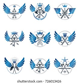 Vintage Weapon Emblems set. Heraldic coat of arms decorative emblems collection.