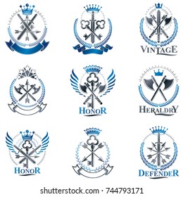 Vintage Weapon Emblems set. Heraldic coat of arms decorative emblems collection.