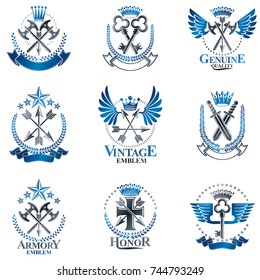Vintage Weapon Emblems set. Heraldic coat of arms decorative emblems collection.