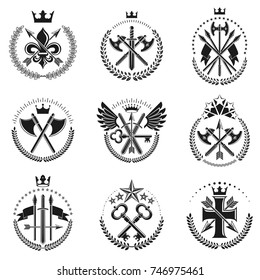 Vintage Weapon Emblems set. Heraldic signs vector vintage elements collection.