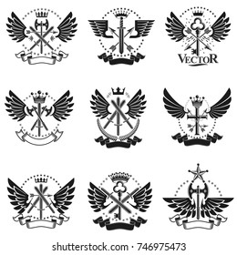 Vintage Weapon Emblems set. Heraldic signs vector vintage elements collection.