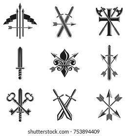 Vintage Weapon Emblems set. Heraldic signs vector vintage elements collection.