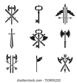 Vintage Weapon Emblems set. Heraldic coat of arms decorative emblems collection.