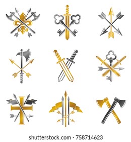 Vintage Weapon Emblems set. Heraldic Coat of Arms, vintage vector emblems collection.