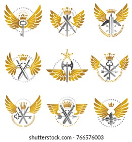 Vintage Weapon Emblems set. Heraldic Coat of Arms, vintage vector emblems collection.