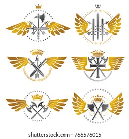 Vintage Weapon Emblems set. Heraldic signs vector vintage elements collection.