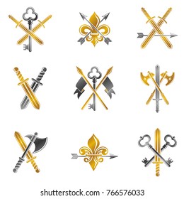 Vintage Weapon Emblems set. Heraldic signs vector vintage elements collection.