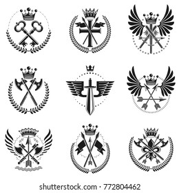 Vintage Weapon Emblems set. Heraldic signs vector vintage elements collection.