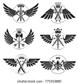 Vintage Weapon Emblems set. Heraldic Coat of Arms decorative emblems isolated vector illustrations collection.
