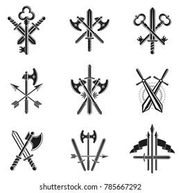 Vintage Weapon Emblems set. Heraldic coat of arms decorative emblems collection.