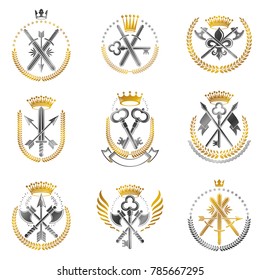 Vintage Weapon Emblems set. Heraldic Coat of Arms decorative emblems isolated vector illustrations collection.