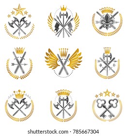 Vintage Weapon Emblems set. Heraldic signs vector vintage elements collection.