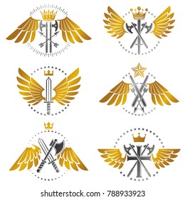 Vintage Weapon Emblems set. Heraldic coat of arms decorative emblems collection.