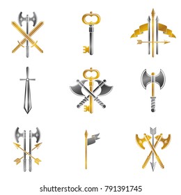 Vintage Weapon Emblems set. Heraldic coat of arms decorative emblems collection.