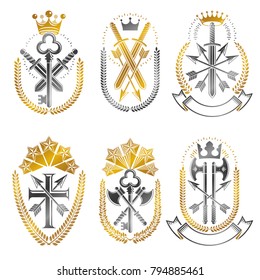 Vintage Weapon Emblems set. Heraldic Coat of Arms, vintage vector emblems collection.