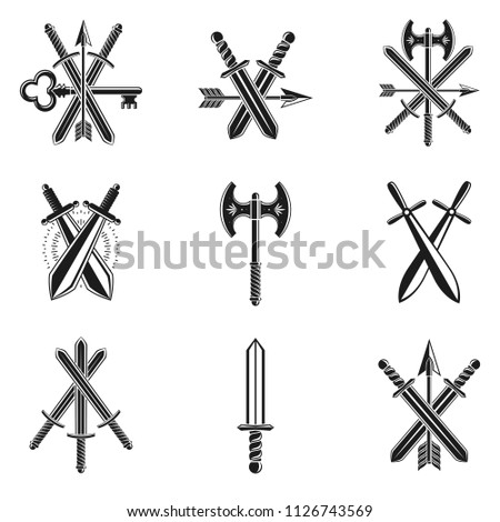 Vintage Weapon Emblems set. Heraldic coat of arms decorative emblems collection.