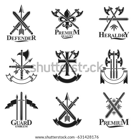 Vintage Weapon Emblems set. Heraldic signs vector vintage elements collection.