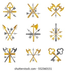 Vintage Weapon Emblems set. Vintage vector design elements collection. Retro style label, heraldry.