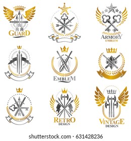 Vintage Weapon Emblems Set. Vintage Vector Design Elements Collection. Retro Style Label, Heraldry.