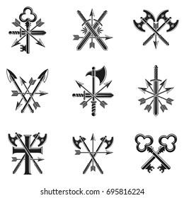 Vintage Weapon Emblems set. Vintage vector design elements collection. Retro style label, heraldry.