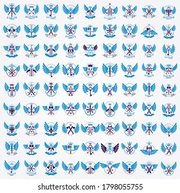 Vintage weapon vector logos or emblems, heraldic design elements big set, classic style heraldry military war armory symbols, antique knives compositions.