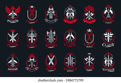 Vintage weapon vector logos or emblems, heraldic design elements big set, classic style heraldry military war armory symbols, antique knives compositions.