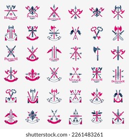 Vintage weapon vector logos or emblems, heraldic design elements big set, classic style heraldry military war armory symbols, antique knives compositions.