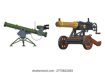 Vintage weapon vector set showing gatling gun and modern mortar launcher.